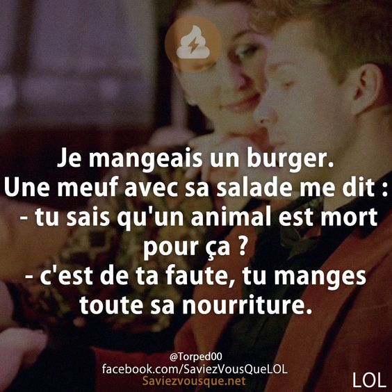 Je mangeais un burger. Une meuf avec sa salade me dit : - tu sais qu&#039;un animal est mort pour ça ? - c&#039;est de ta faute, tu manges toute sa nourriture.