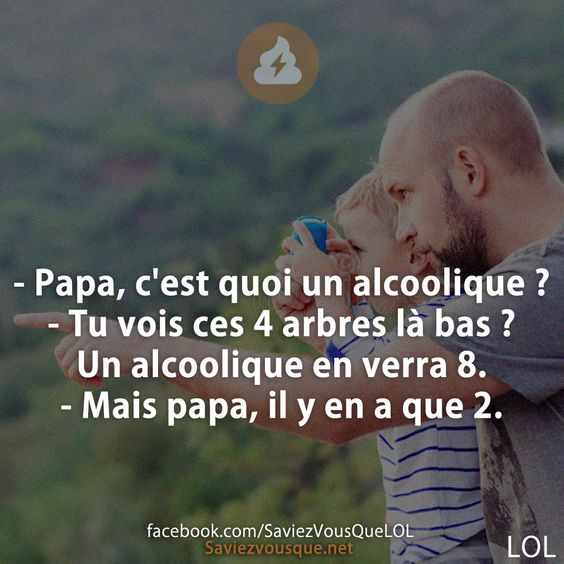 - Papa, c&#039;est quoi un alcoolique ? - Tu vois ces 4 arbres là bas ? Un alcoolique en verra 8. - Mais papa, il y en a que 2.
