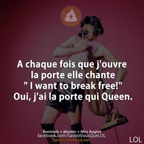 A chaque fois que j&#039;ouvre la porte elle chante &quot; I want to break free!&quot; Oui, j&#039;ai la porte qui Queen.