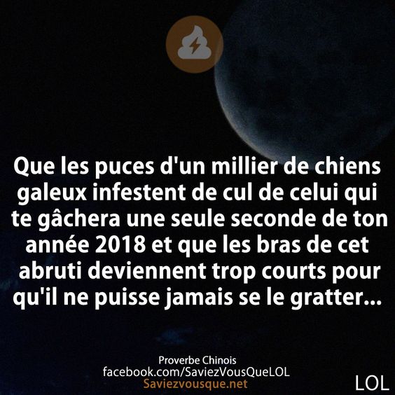Que les puces d&#039;un millier de chiens galeux infestent de cul de celui qui te gâchera une seule seconde de ton année 2018 et que les bras de cet abruti deviennent trop courts pour qu&#039;il ne puisse jamais se le gratter...