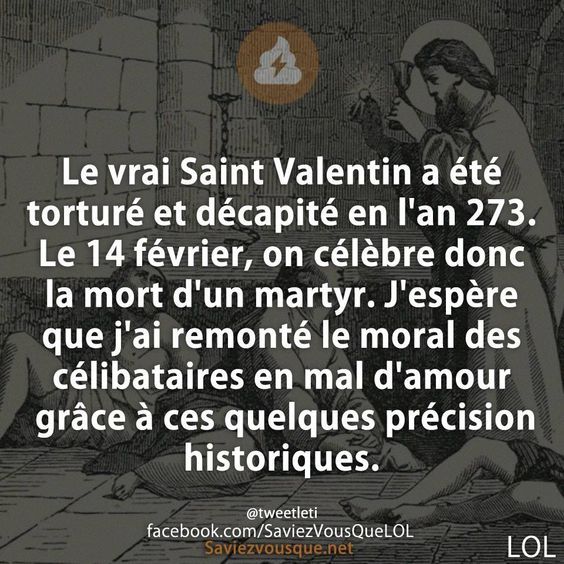 Le vrai Saint Valentin a été torturé et décapité en l&#039;an 273. Le 14 février, on célèbre donc la mort d&#039;un martyr. J&#039;espère que j&#039;ai remonté le moral des célibataires en mal d&#039;amour grâce à ces quelques précision historiques.
