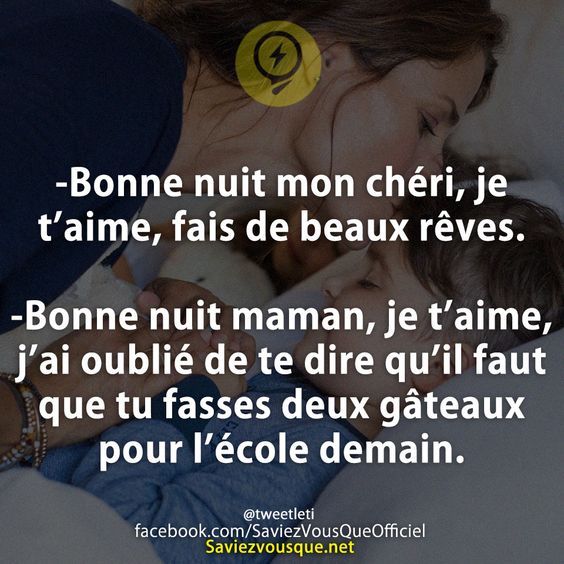 -Bonne nuit mon chéri, je t’aime, fais de beaux rêves.  -Bonne nuit maman, je t’aime, j’ai oublié de te dire qu’il faut que tu fasses deux gâteaux pour l’école demain.