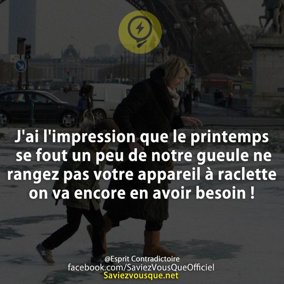 J&#039;ai l&#039;impression que le printemps se fout un peu de notre gueule ne rangez pas votre appareil à raclette on va encore en avoir besoin !