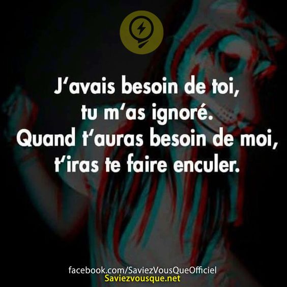 J&#039;avais besoin de toi, tu m&#039;as ignoré. Quand t&#039;auras besoin de moi, t&#039;iras te faire enculer.