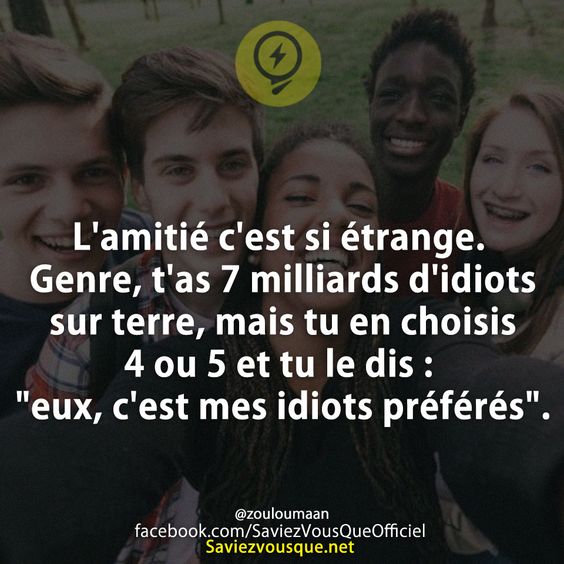 L&#039;amitié c&#039;est si étrange. Genre, t&#039;as 7 milliards d&#039;idiots sur terre, mais tu en choisis 4 ou 5 et tu le dis : &quot;eux, c&#039;est mes idiots préférés&quot;.