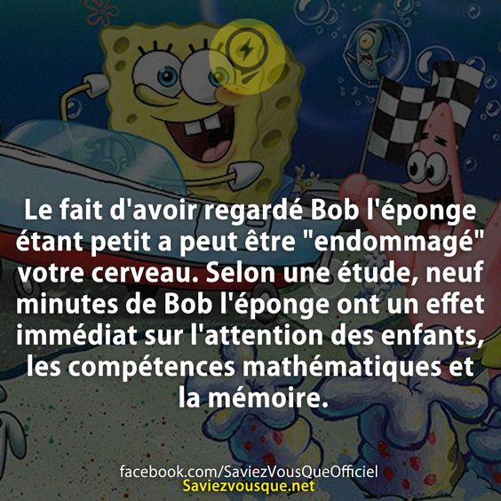 Le fait d&#039;avoir regardé Bob l&#039;éponge étant petit a peut être &quot;endommagé&quot; votre cerveau. Selon une étude, neuf minutes de Bob l&#039;éponge ont un effet immédiat sur l&#039;attention des enfants, les compétences mathématiques et la mémoire.