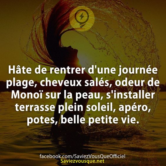 Hâte de rentrer d&#039;une journée plage, cheveux salés, odeur de Monoï sur la peau, s&#039;installer terrasse plein soleil, apéro, potes, belle petite vie.