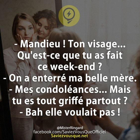 - Mandieu ! Ton visage... Qu&#039;est-ce que tu as fait ce week-end ? - On a enterré ma belle mère. - Mes condoléances... Mais tu es tout griffé partout ? - Bah elle voulait pas !