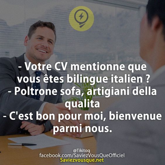 - Votre CV mentionne que vous êtes bilingue italien ? - Poltrone sofa, artigiani della qualita - C&#039;est bon pour moi, bienvenue parmi nous.
