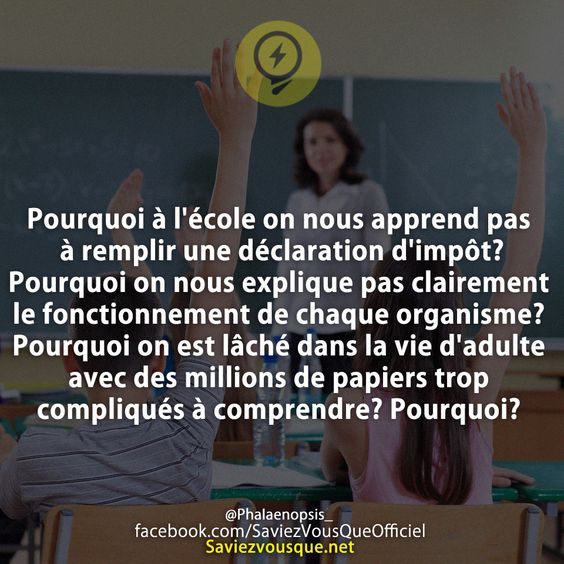 Pourquoi à l&#039;école on nous apprend pas à remplir une déclaration d&#039;impôt? Pourquoi on nous explique pas clairement le fonctionnement de chaque organisme? Pourquoi on est lâché dans la vie d&#039;adulte avec des millions de papiers trop compliqués à comprendre? Pourquoi?