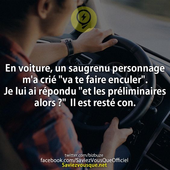 En voiture, un saugrenu personnage m&#039;a crié &quot;va te faire enculer&quot;.  Je lui ai répondu &quot;et les préliminaires alors ?&quot;  Il est resté con.