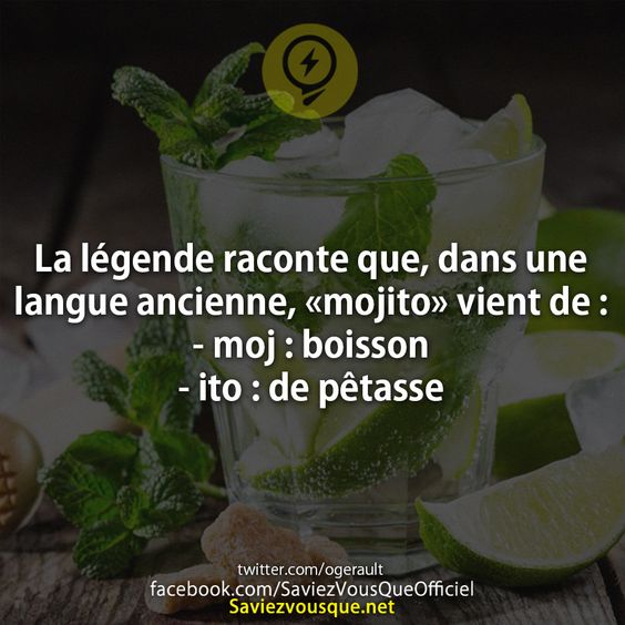 La légende raconte que, dans une langue ancienne, «mojito» vient de : - moj : boisson - ito : de pêtasse