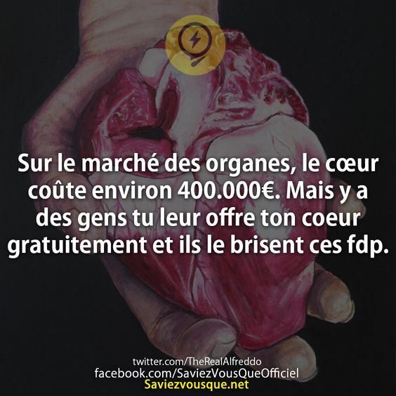 Sur le marché des organes, le cœur coûte environ 400.000€. Mais y a des gens tu leur offre ton coeur gratuitement et ils le brisent ces fdp.