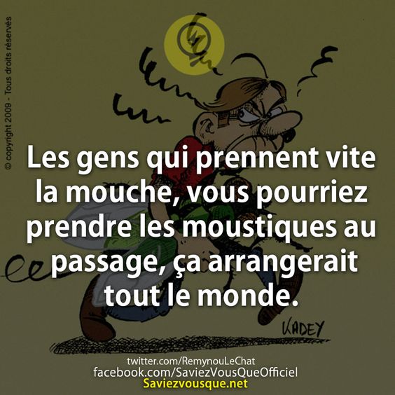 Les gens qui prennent vite la mouche, vous pourriez prendre les moustiques au passage, ça arrangerait tout le monde.