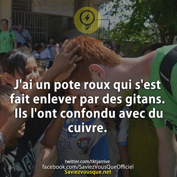 J&#039;ai un pote roux qui s&#039;est fait enlever par des gitans. Ils l&#039;ont confondu avec du cuivre.