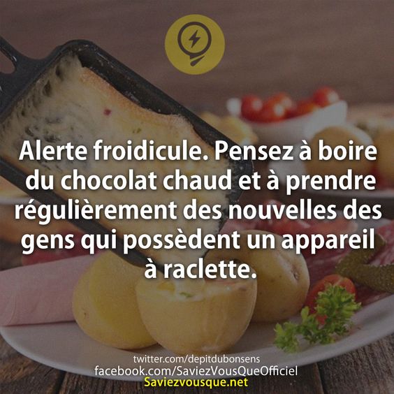 Alerte froidicule. Pensez à boire du chocolat chaud et à prendre régulièrement des nouvelles des gens qui possèdent un appareil à raclette.