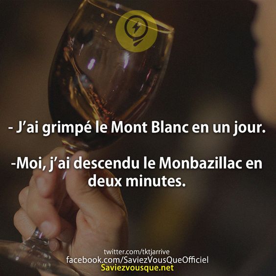 - J’ai grimpé le Mont Blanc en un jour. -Moi, j’ai descendu le Monbazillac en deux minutes.