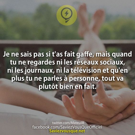 Je ne sais pas si t&#039;as fait gaffe, mais quand tu ne regardes ni les réseaux sociaux, ni les journaux, ni la télévision et qu&#039;en plus tu ne parles à personne, tout va plutôt bien en fait.