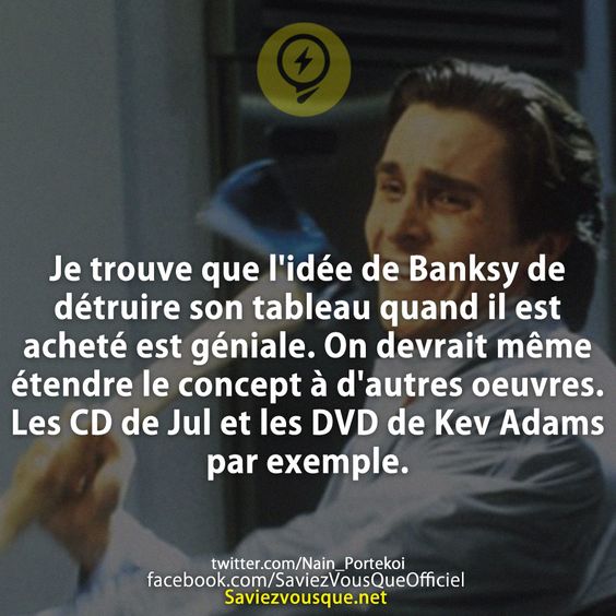 Je trouve que l&#039;idée de Banksy de détruire son tableau quand il est acheté est géniale. On devrait même étendre le concept à d&#039;autres oeuvres. Les CD de Jul et les DVD de Kev Adams par exemple.
