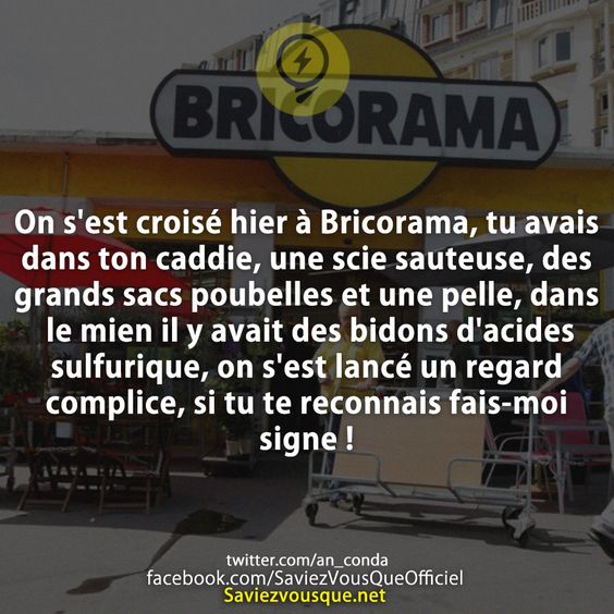 On s&#039;est croisé hier à Bricorama, tu avais dans ton caddie, une scie sauteuse, des grands sacs poubelles et une pelle, dans le mien il y avait des bidons d&#039;acides sulfurique, on s&#039;est lancé un regard complice, si tu te reconnais fais-moi signe !