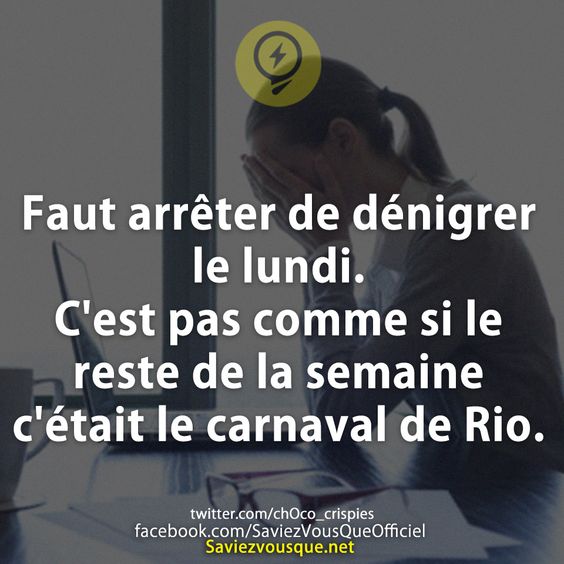 Faut arrêter de dénigrer le lundi. C&#039;est pas comme si le reste de la semaine c&#039;était le carnaval de Rio.