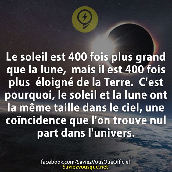 Le soleil est 400 fois plus grand que la lune, mais il est 400 fois plus éloigné de la Terre. C&#039;est pourquoi, le soleil et la lune ont la même taille dans le ciel, une coïncidence que l&#039;on trouve nul part dans l&#039;univers.