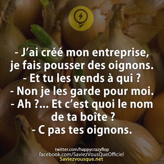 - J’ai créé mon entreprise, je fais pousser des oignons. - Et tu les vends à qui ? - Non je les garde pour moi. - Ah ?... Et c’est quoi le nom de ta boîte ? - C pas tes oignons.