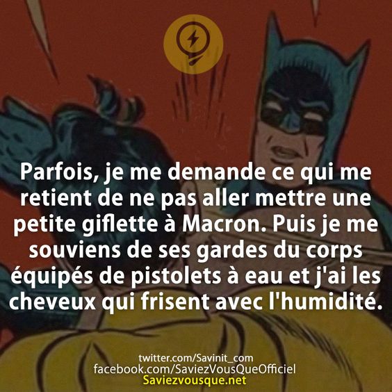 Parfois, je me demande ce qui me retient de ne pas aller mettre une petite giflette à Macron. Puis je me souviens de ses gardes du corps équipés de pistolets à eau et j&#039;ai les cheveux qui frisent avec l&#039;humidité.