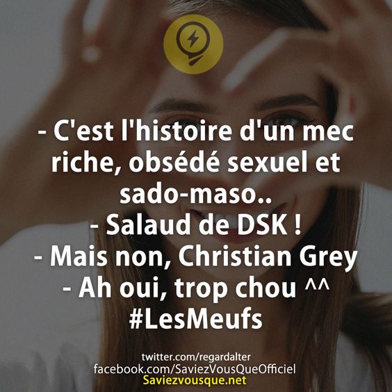 - C&#039;est l&#039;histoire d&#039;un mec riche, obsédé sexuel et sado-maso.. - Salaud de DSK ! - Mais non, Christian Grey - Ah oui, trop chou ^^ #LesMeufs