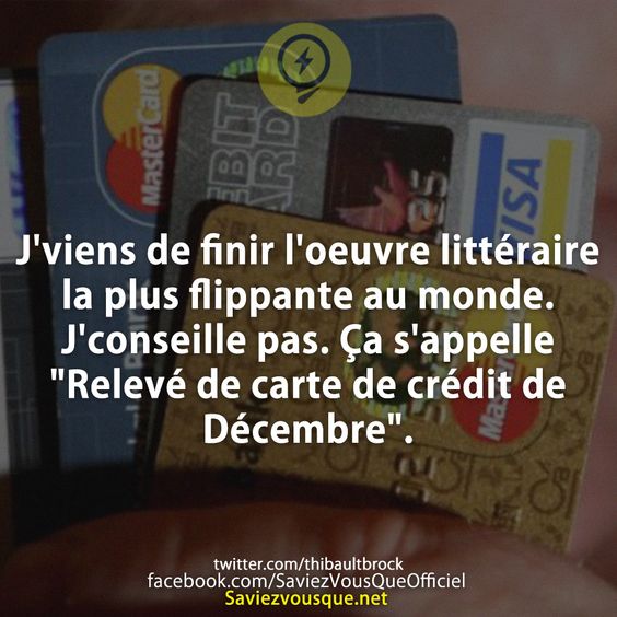J&#039;viens de finir l&#039;oeuvre littéraire la plus flippante au monde. J&#039;conseille pas. Ça s&#039;appelle &quot;Relevé de carte de crédit de Décembre&quot;.