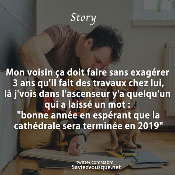 Mon voisin ça doit faire sans exagérer 3 ans qu&#039;il fait des travaux chez lui, là j&#039;vois dans l&#039;ascenseur y&#039;a quelqu&#039;un qui a laissé un mot : &quot;bonne année en espérant que la cathédrale sera terminée en 2019&quot;