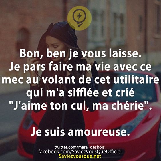 Bon, ben je vous laisse. Je pars faire ma vie avec ce mec au volant de cet utilitaire qui m&#039;a sifflée et crié &quot;J&#039;aime ton cul, ma chérie&quot;.  Je suis amoureuse.