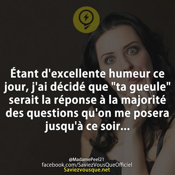 Étant d&#039;excellente humeur ce jour, j&#039;ai décidé que &quot;ta gueule&quot; serait la réponse à la majorité des questions qu&#039;on me posera jusqu&#039;à ce soir...