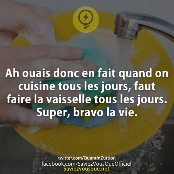 Ah ouais donc en fait quand on cuisine tous les jours, faut faire la vaisselle tous les jours. Super, bravo la vie.