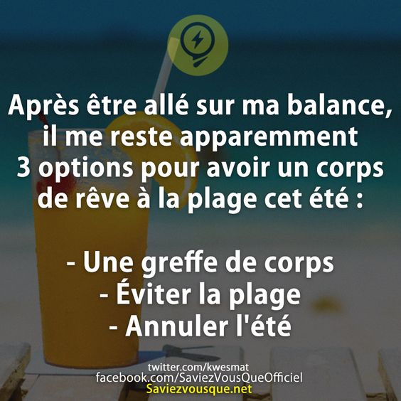 Après être allé sur ma balance, il me reste apparemment 3 options pour avoir un corps de rêve à la plage cet été :  - Une greffe de corps - Éviter la plage - Annuler l&#039;été