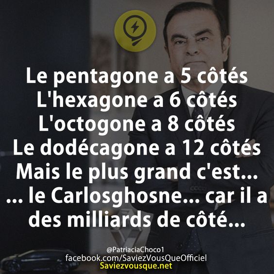 Le pentagone a 5 côtés  L&#039;hexagone a 6 côtés  L&#039;octogone a 8 côtés  Le dodécagone a 12 côtés Mais le plus grand c&#039;est... ... le Carlosghosne... car il a des milliards de côté...