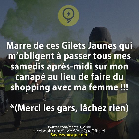 Marre de ces Gilets Jaunes qui m’obligent à passer tous mes samedis après-midi sur mon canapé au lieu de faire du shopping avec ma femme !!!  *(Merci les gars, lâchez rien)