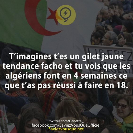 T’imagines t’es un gilet jaune tendance facho et tu vois que les algériens font en 4 semaines ce que t’as pas réussi à faire en 18.