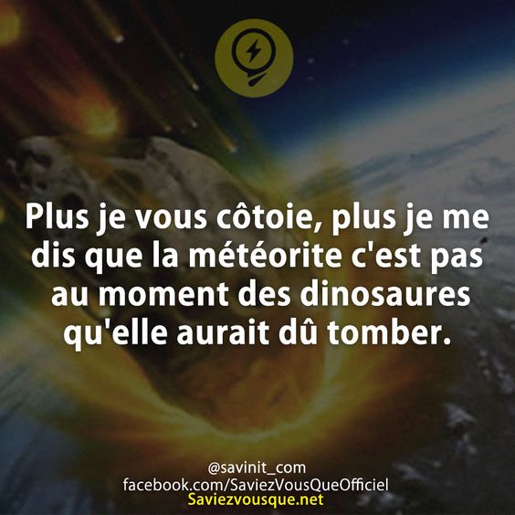 Plus je vous côtoie, plus je me dis que la météorite c&#039;est pas au moment des dinosaures qu&#039;elle aurait dû tomber.