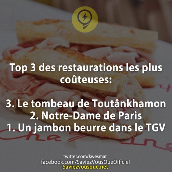 Top 3 des restaurations les plus coûteuses:  3. Le tombeau de Toutânkhamon 2. Notre-Dame de Paris 1. Un jambon beurre dans le TGV
