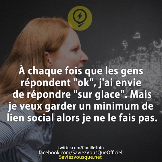 À chaque fois que les gens répondent &quot;ok&quot;, j&#039;ai envie de répondre &quot;sur glace&quot;. Mais je veux garder un minimum de lien social alors je ne le fais pas.