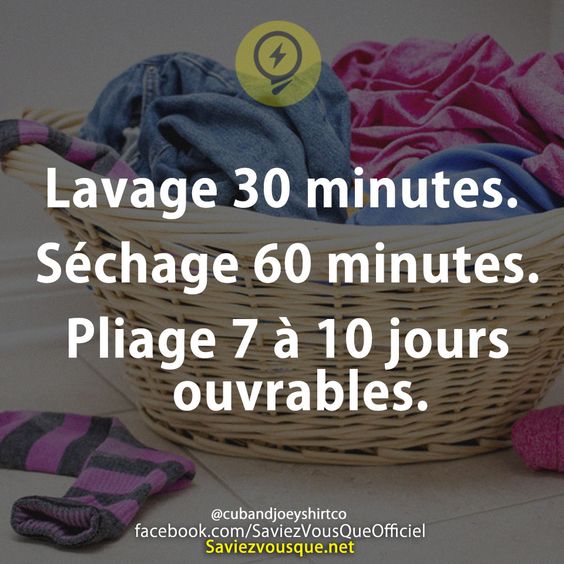 Lavage 30 minutes Séchage 60 minutes Pliage 7 à 10 jours ouvrables.