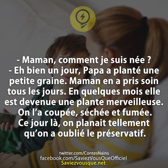 - Maman, comment je suis née ? - Eh bien un jour, Papa a planté une petite graine. Maman en a pris soin tous les jours. En quelques mois elle est devenue une plante merveilleuse. On l’a coupée, séchée et fumée. Ce jour là, on planait tellement qu’on a oublié le préservatif.