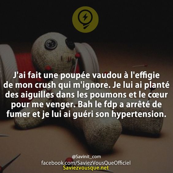 J&#039;ai fait une poupée vaudou à l&#039;effigie de mon crush qui m&#039;ignore. Je lui ai planté des aiguilles dans les poumons et le cœur pour me venger. Bah le fdp a arrêté de fumer et je lui ai guéri son hypertension.