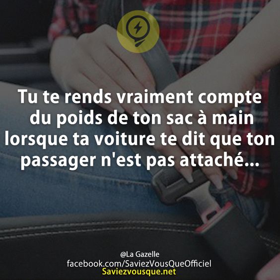 Tu te rends vraiment compte du poids de ton sac à main lorsque ta voiture te dit que ton passager n&#039;est pas attaché... La Gazelle