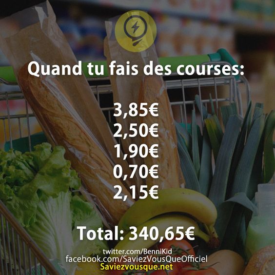 Quand tu fais des courses:   3,85€ 2,50€ 1,90€ 0,70€ 2,15€  Total: 340,65€