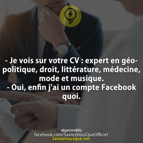 - Je vois sur votre CV : expert en géo-politique, droit, littérature, médecine, mode et musique.  - Oui, enfin j&#039;ai un compte Facebook quoi.