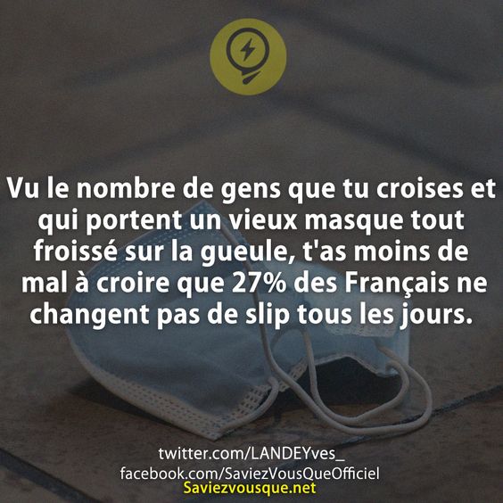 Vu le nombre de gens que tu croises et qui portent un vieux masque tout froissé sur la gueule, t&#039;as moins de mal à croire que 27% des Français ne changent pas de slip tous les jours.
