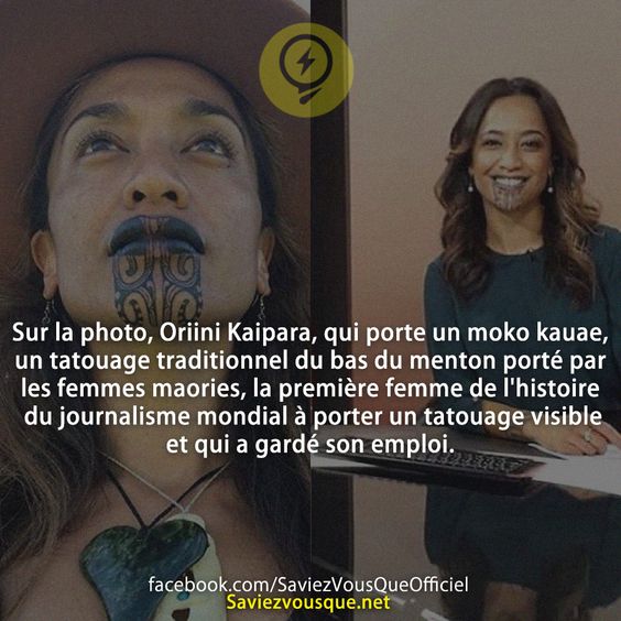 Sur la photo, Oriini Kaipara, qui porte un moko kauae, un tatouage traditionnel du bas du menton porté par les femmes maories, la première femme de l&#039;histoire du journalisme mondial à porter un tatouage visible et qui a gardé son emploi.