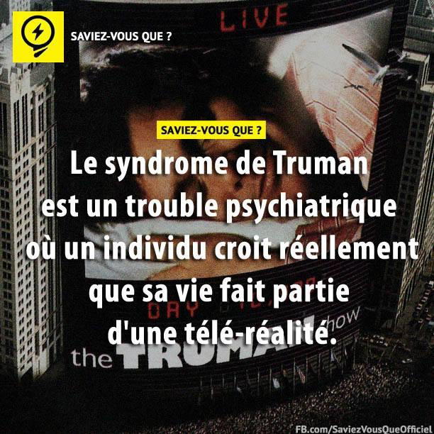 Le syndrome de Truman est un trouble psychiatrique où un individu croit réellement que sa vie fait partie d’une télé-réalité.